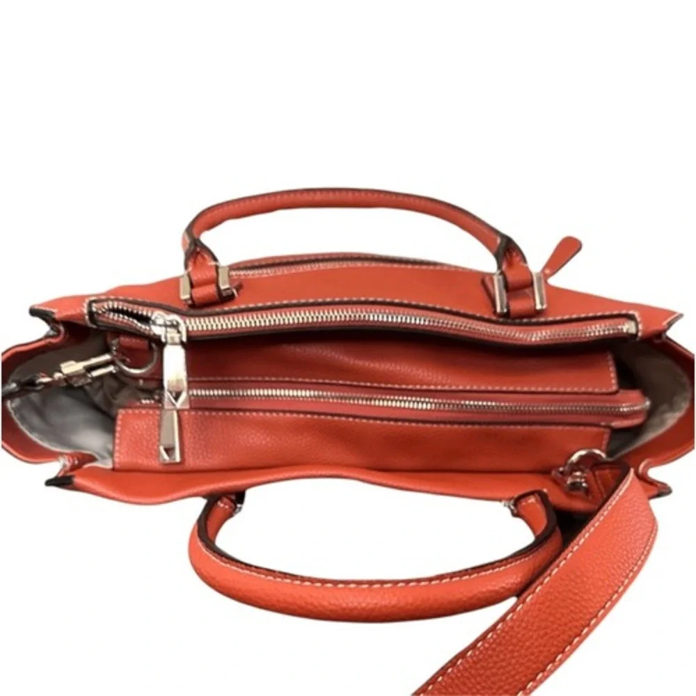 GUESS Satchel Handbag Burnt Orange Canvas Leather Trim Top Handle Crossbody Bag‎